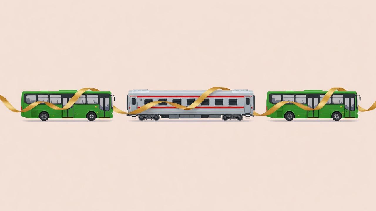 A bus, a train, and a second bus joined by one ribbon.