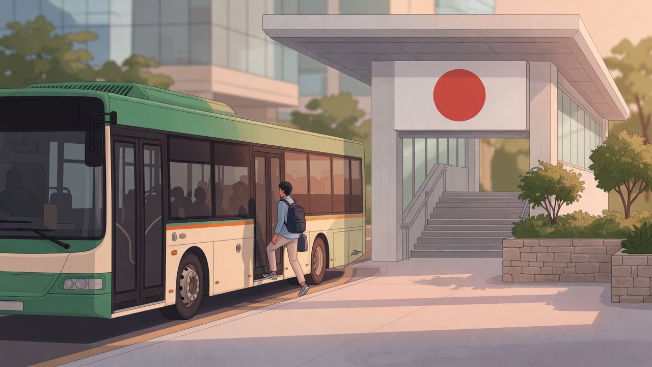 A city bus stopped beside an MRT station entrance at late afternoon.