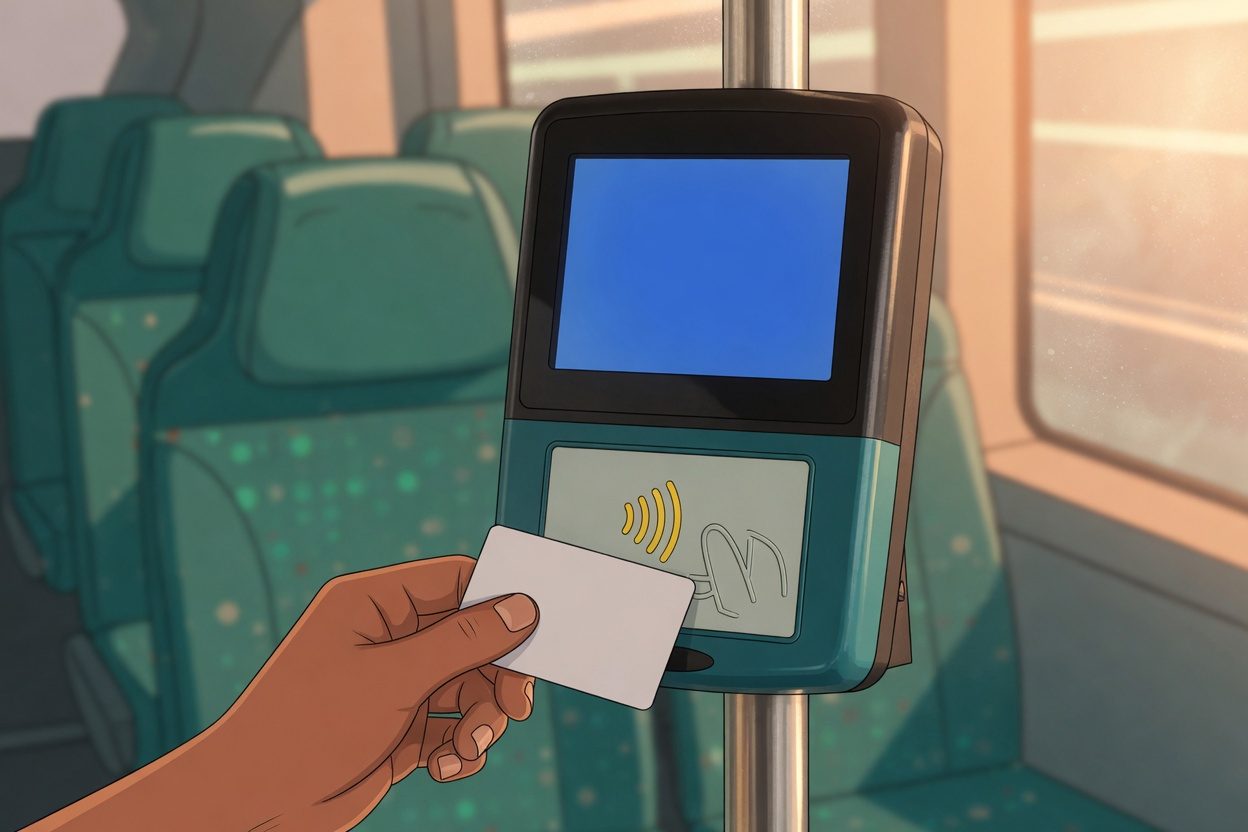 A hand holding a plain card against the tap pad of a bus card reader.