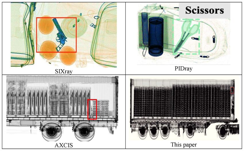 Sample X-ray images from baggage and cargo inspection with a red bounding box